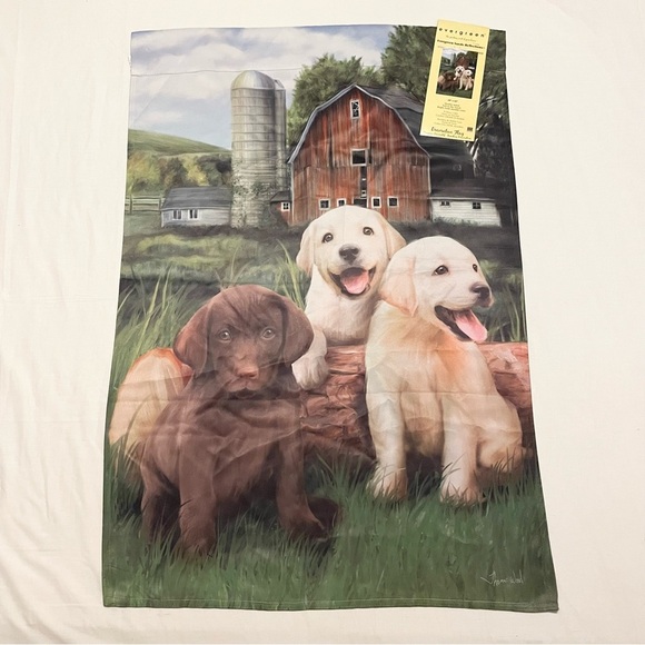 Evergreen Suede Reflections Double Sided Decorative Flag Farm Scene Puppy - Picture 2 of 16